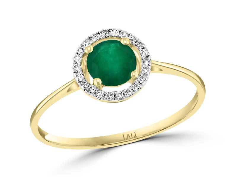 Elegant silver petal engagement rings -14K Yellow Gold 0.52ctw Round Emerald & Diamond Halo Ring