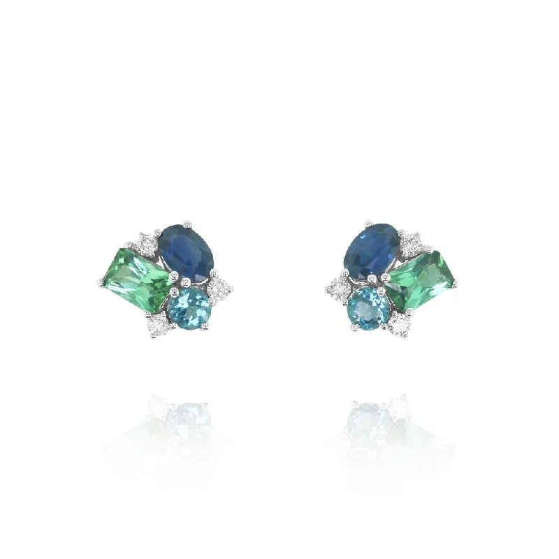 Ladies mixed gemstone earrings -14K White Gold 'Tesserae' Blue Lupin Cluster Earrings