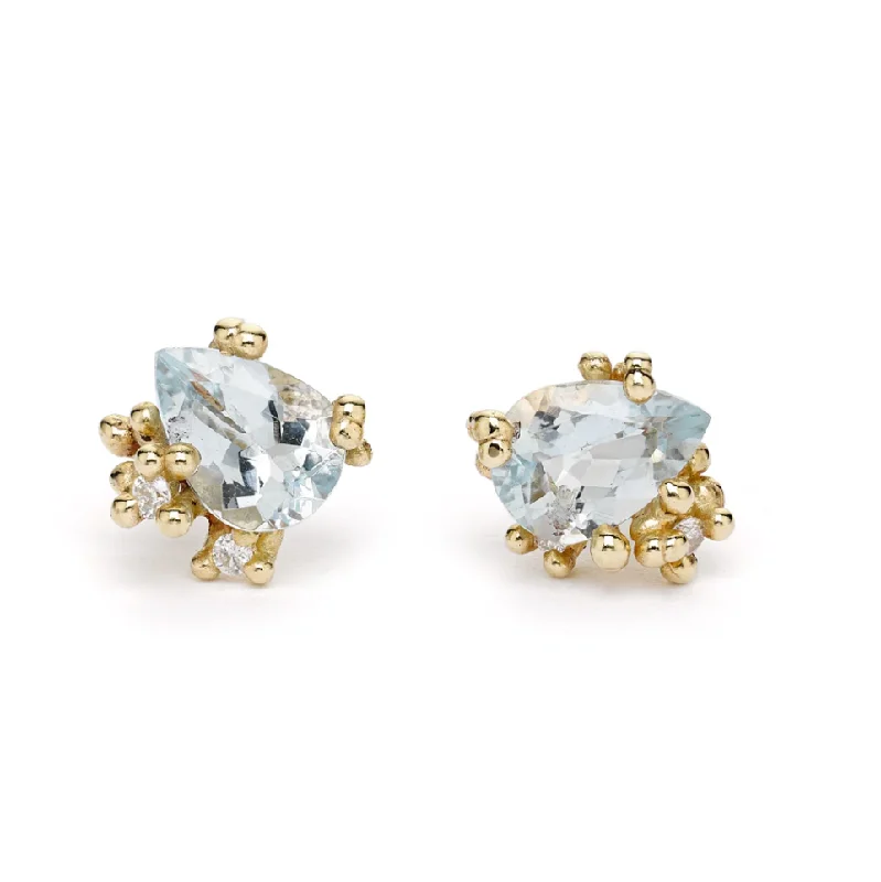 Simple diamond arch earrings for women -Aquamarine and Diamond Encrusted Studs