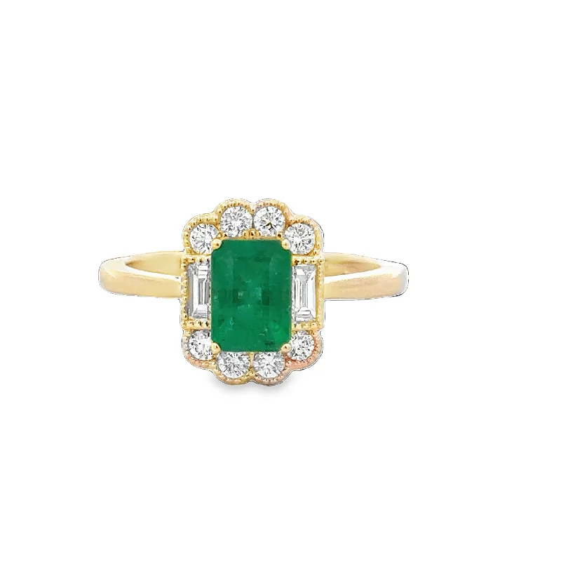 Classic silver swirl engagement rings -Emerald and Diamond Scalloped Halo Ring in Yellow Gold