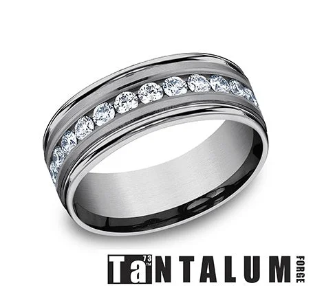 Ladies elegant lapis halo engagement rings -TANTALUM AND LG DIAMOND 8MM BAND