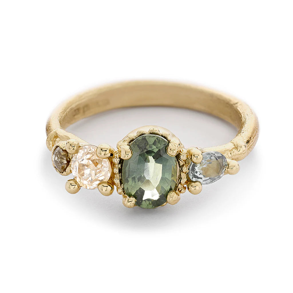 Ladies curved gold engagement rings -Green Sapphire and Diamond Four Stone Ring