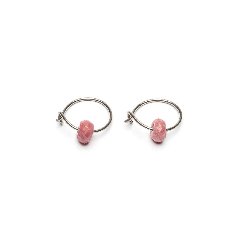 Trendy silver swirl earrings -Genuine Rhodonite Niobium Hoop Earrings