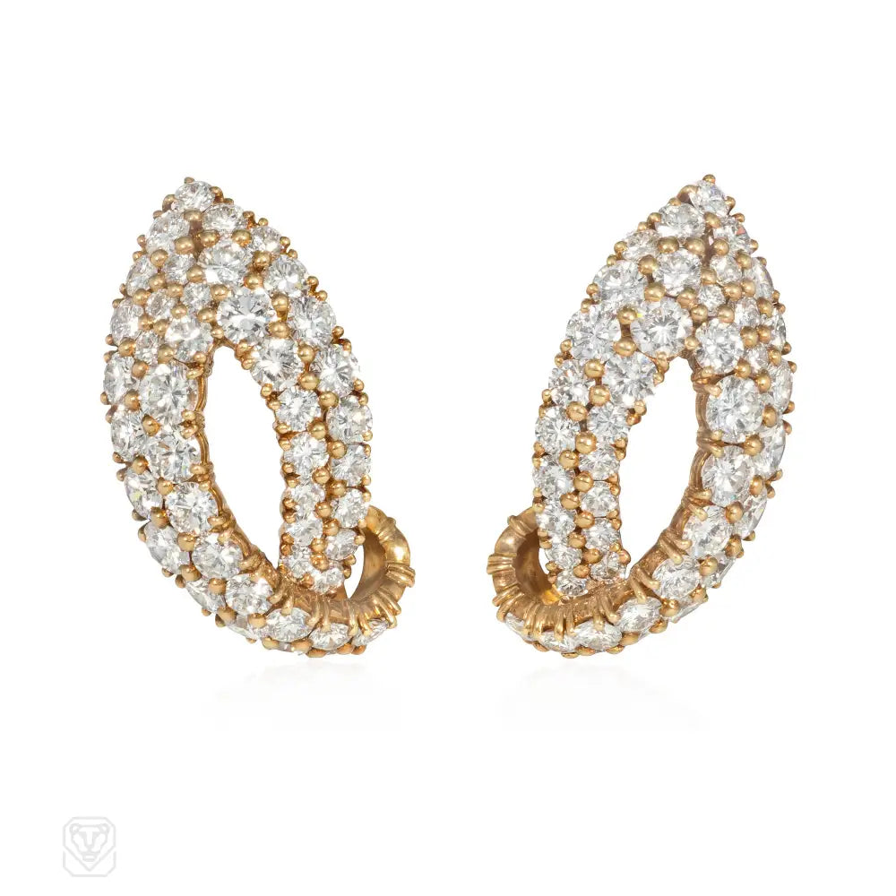 Ladies ruby oval engagement rings -French 1950s gold and diamond stylized leaf earclips