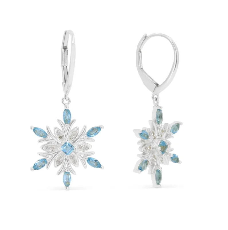 Ladies shimmering aquamarine drop earrings -14K White Gold Blue Topaz & Diamond Snowflake Dangle Earrings