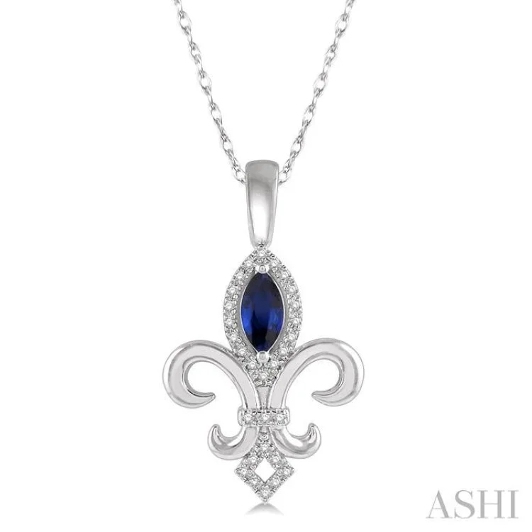 Ladies bold diamond tassel necklaces -1/10 Ctw 6x3mm Marquise Shape Sapphire & Round Cut Diamond Fleur De Lis Precious Pendant With Chain in 10K White Gold