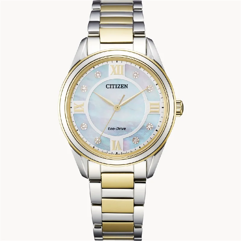 Elegant rose gold arch engagement rings -Two-Tone Stainless Steel Eco Drive Arezzo Watch by Citizen with Diamond Accents