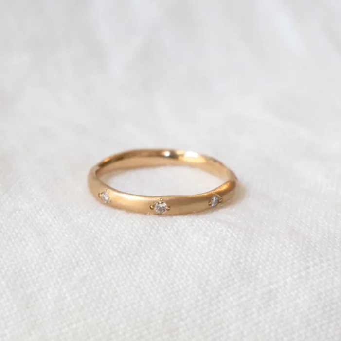 Modern gold crescent engagement rings for women -Delicate Wavy Band - Diamonds