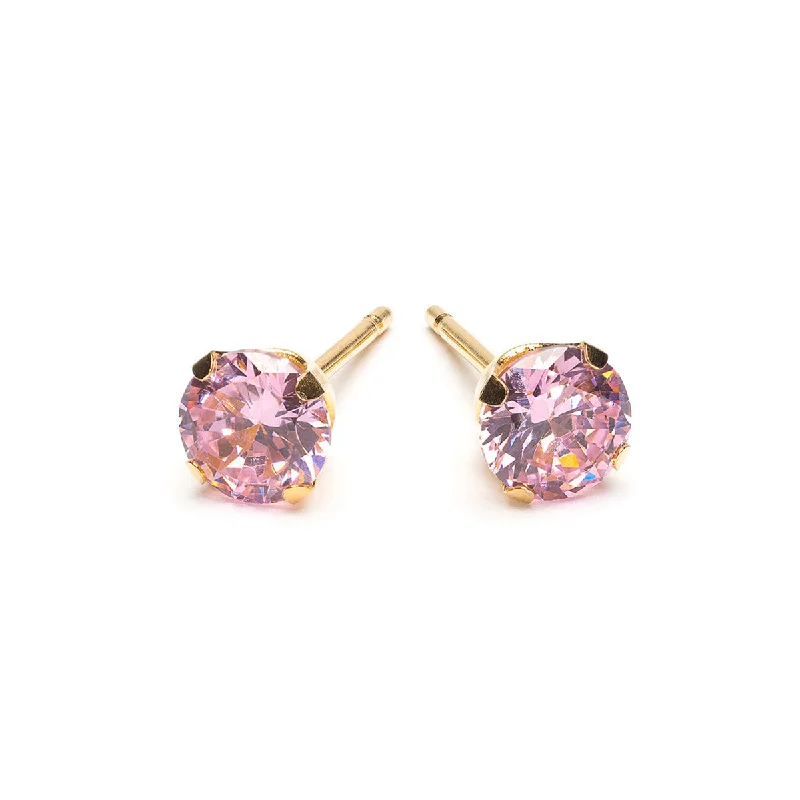 Ladies unique geometric hoop earrings -Gold Plated 5 mm Pink Round Cubic Zirconia Stud Earrings