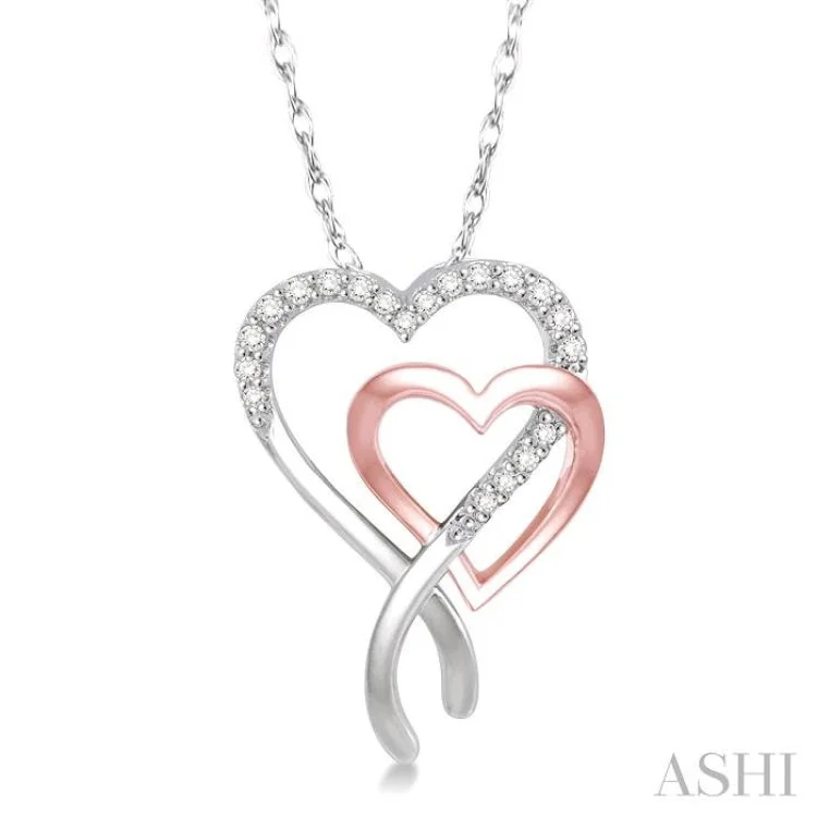 Trendy silver bar necklaces for ladies -1/6 Ctw Interlocked Two Tone Double Heart Round Cut Diamond Pendant With Link Chain in 10K White and Rose Gold