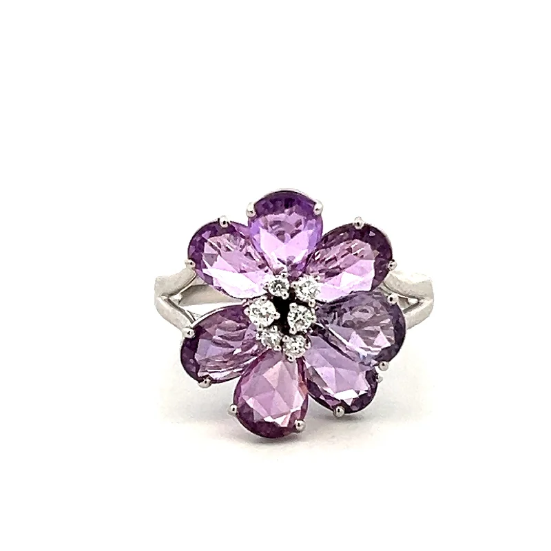 Ladies vintage-style spiral engagement rings -18K White Gold 4.76ctw Briolette Purple Sapphire & Diamond Flower Ring