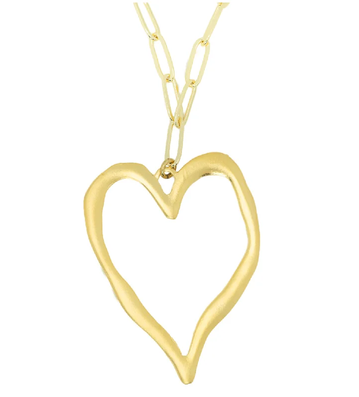 Ladies sparkling aquamarine necklaces -The Large Gold Paperclip Matte Heart Necklace