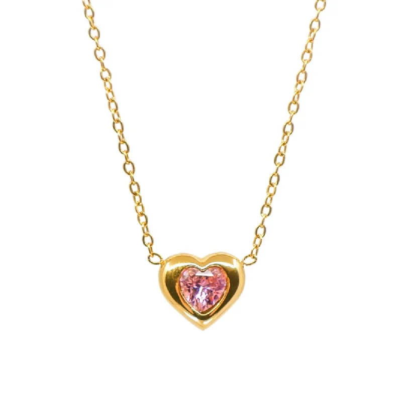 Ladies delicate floral chain necklaces -The Pink Stone in Gold Heart Necklace