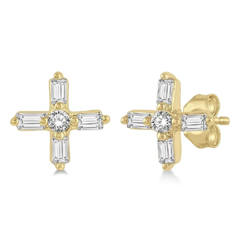 Ladies unique crescent drop earrings -10K Yellow Gold Cross Petite Stud Diamond Earring