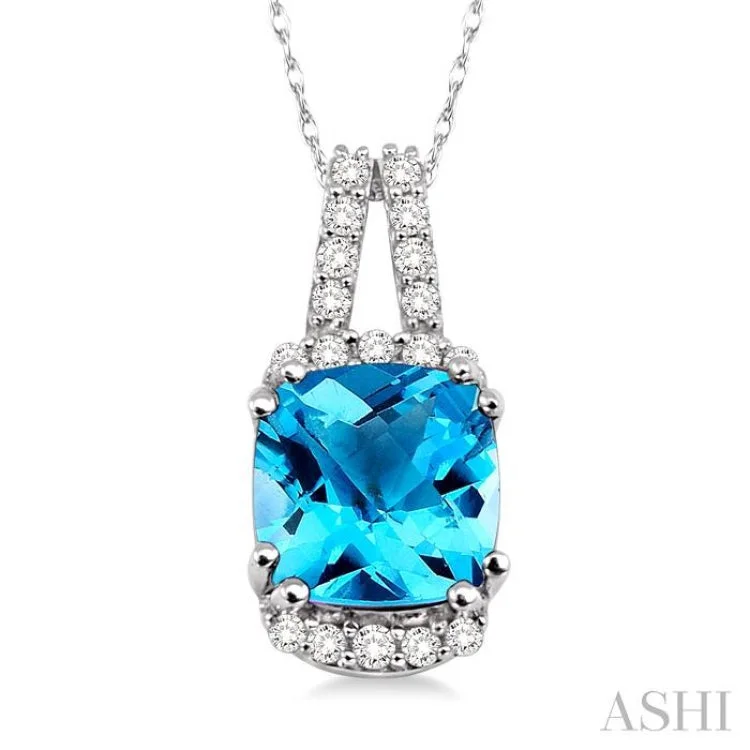 Ladies sparkling aquamarine necklaces -8x8mm Cushion Cut Blue Topaz and 1/5 Ctw Round Cut Diamond Pendant in 14K White Gold with Chain