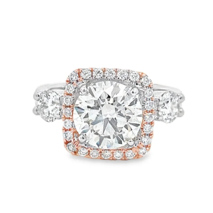 Elegant diamond arch engagement rings -LAB GROWN ROUND DIAMONDS 4.35ctw PRONG SET HALO RING