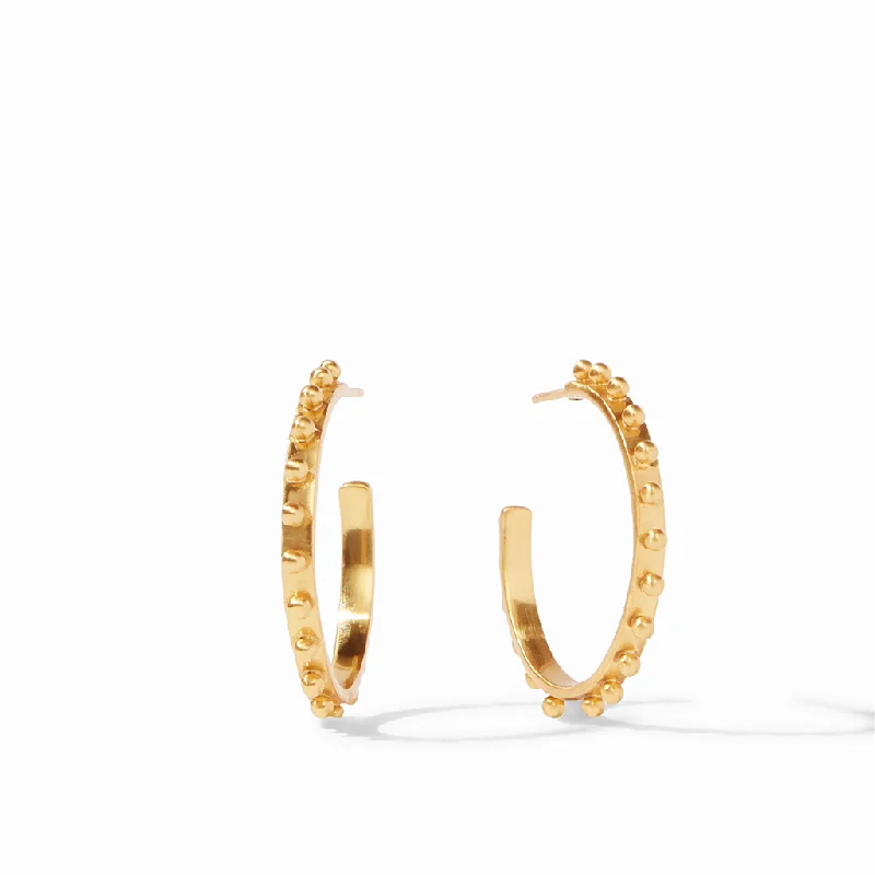 Ladies bold spiral hoop earrings -24K Yellow Gold Overlay 'Soho' Medium Beaded Hammered Hoop Earrings