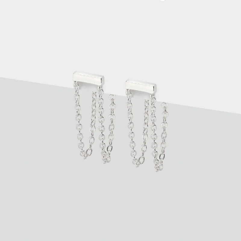 Elegant silver spiral stud earrings for women -Silver Bar Double Chain Stud Earrings