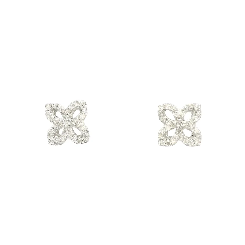 Simple silver crescent earrings -Sterling Silver Flower Natural Diamonds Earrings