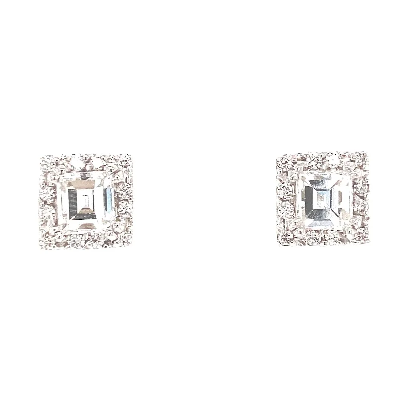 Delicate silver spiral drop earrings -Asscher Cut Diamond with Halo Stud Earrings