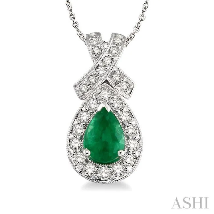 Ladies elegant emerald charm necklaces -7x5mm Pear Shape Emerald and 1/2 Ctw Round Diamond Pendant in 14K White Gold with chain