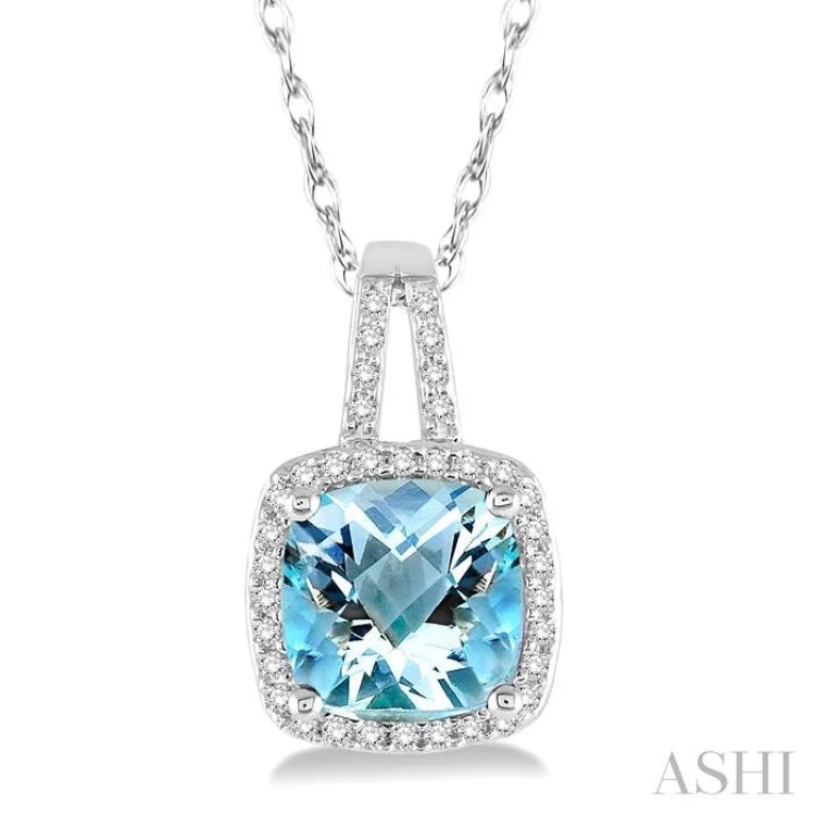 Ladies lightweight chain necklaces -8x8 MM Cushion Cut Aquamarine and 1/5 Ctw Round Cut Diamond Pendant in 10K White Gold with Chain