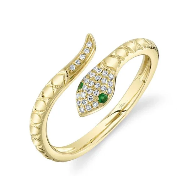 Classic gold arch engagement rings for women -0.07CT DIAMOND & 0.02CT GREEN GARNET SNAKE RING