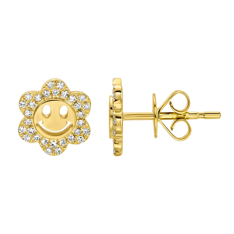 Ladies boho-inspired jade earrings -Diamond Smile Face Flower Studs