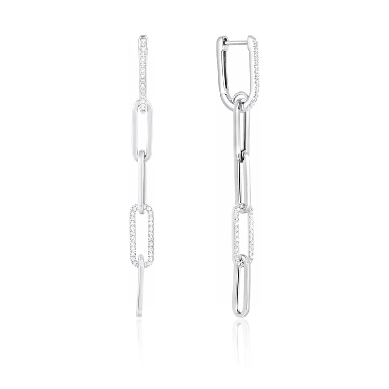 Ladies chunky silver hoop earrings -14K White Gold Narrow Chain Dangle Diamond Earring