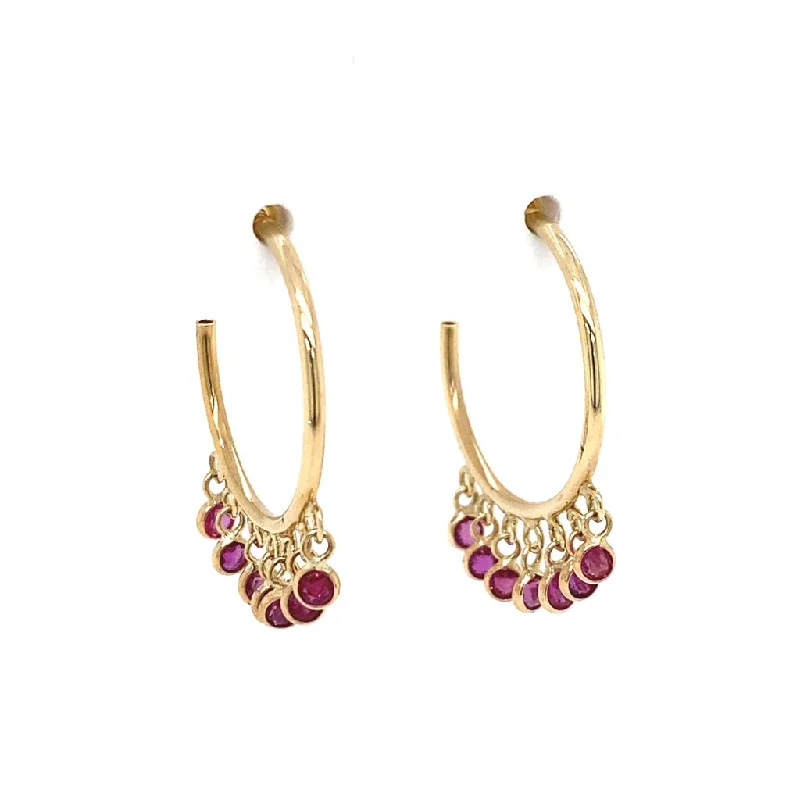 Modern rose gold petal earrings for women -14K Yellow Gold Ruby Droplets Hoop Earrings