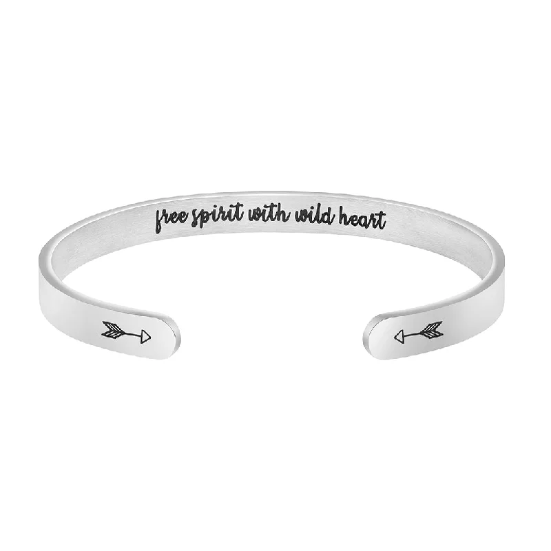 Ladies bold silver bar bracelets -Free Spirit with Wild Heart Hidden Message Cuff Bracelet