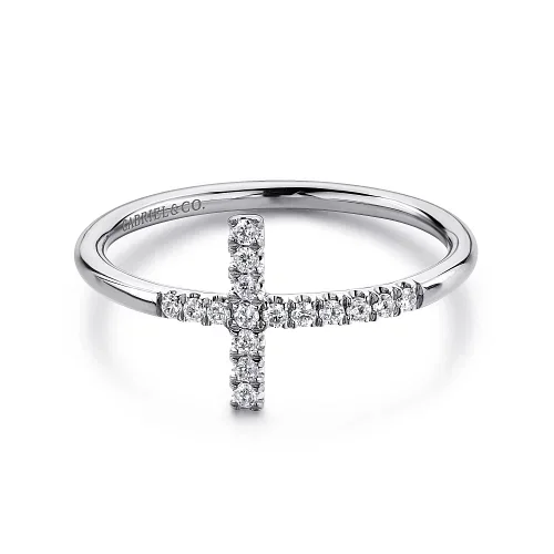 Ladies trendy open gem ring -Sideways Cross Diamond Ring in 14K White Gold