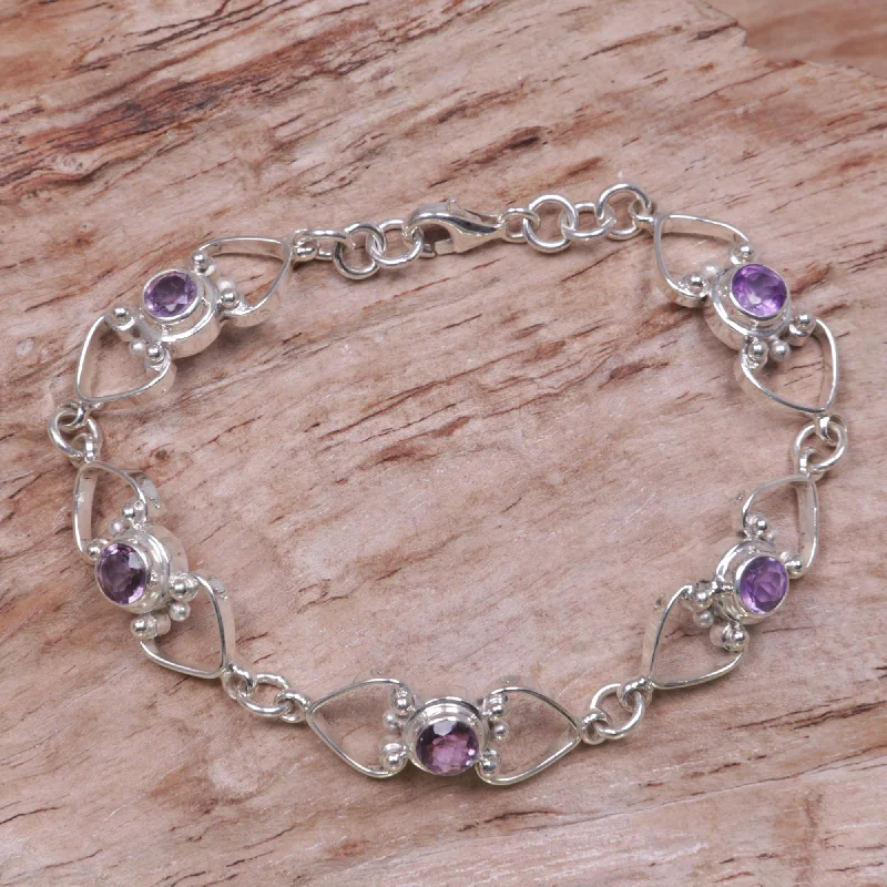 Delicate silver spiral bangle bracelets -Contentment Amethyst Heart Link Bracelet