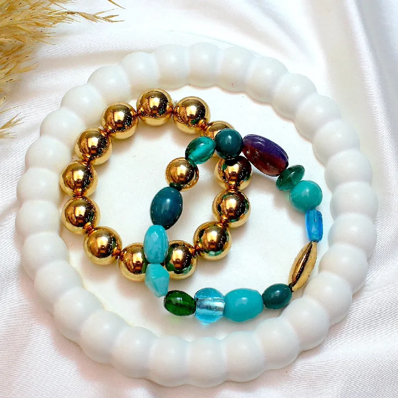 Ladies onyx beaded bracelets -TFC Turquoise Mix & Gold Beads Stacked Bracelet (Set of 2)