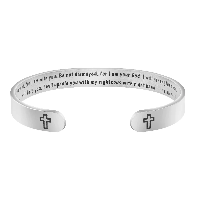 Ladies trendy silver wrap bracelets -Fear Not I Am With You Cross Hidden Message Cuff Bracelet