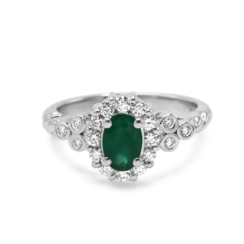 Modern diamond stackable ring for ladies -Le Vian 14ct White Gold Diamond & Oval Emerald Halo Ring