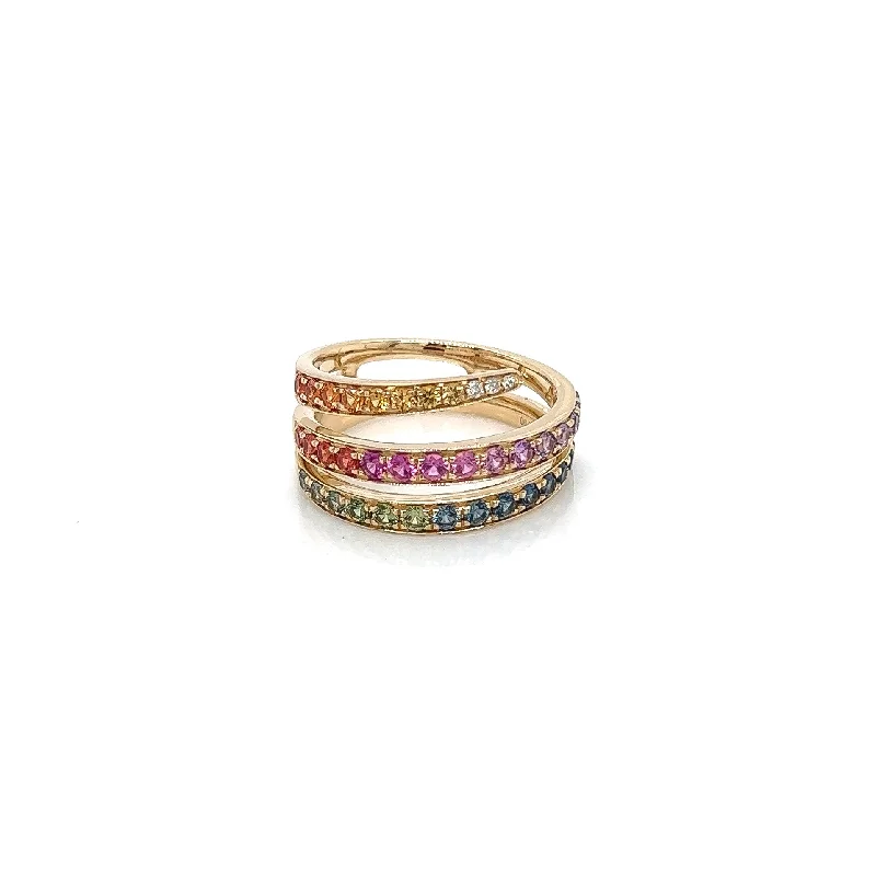 Ladies delicate floral stackable ring -1.09 Total Carat Rainbow Sapphire and Diamond Ladies Ring in 14K Yellow Gold