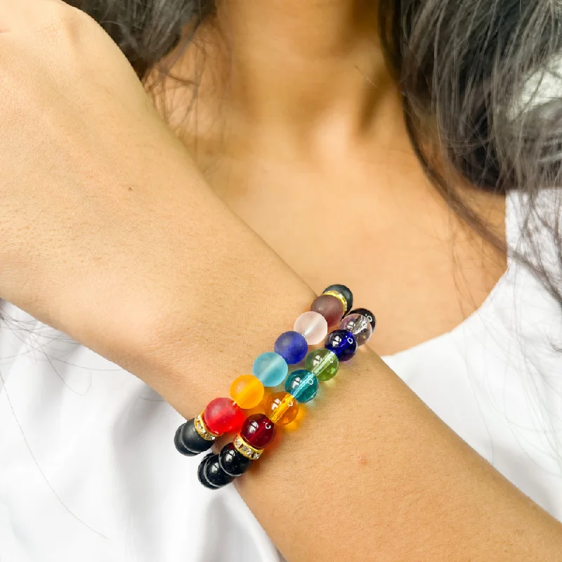 Ladies floral gold cuff bracelets -Balance With 7 Chakra Bracelet For Women Combo