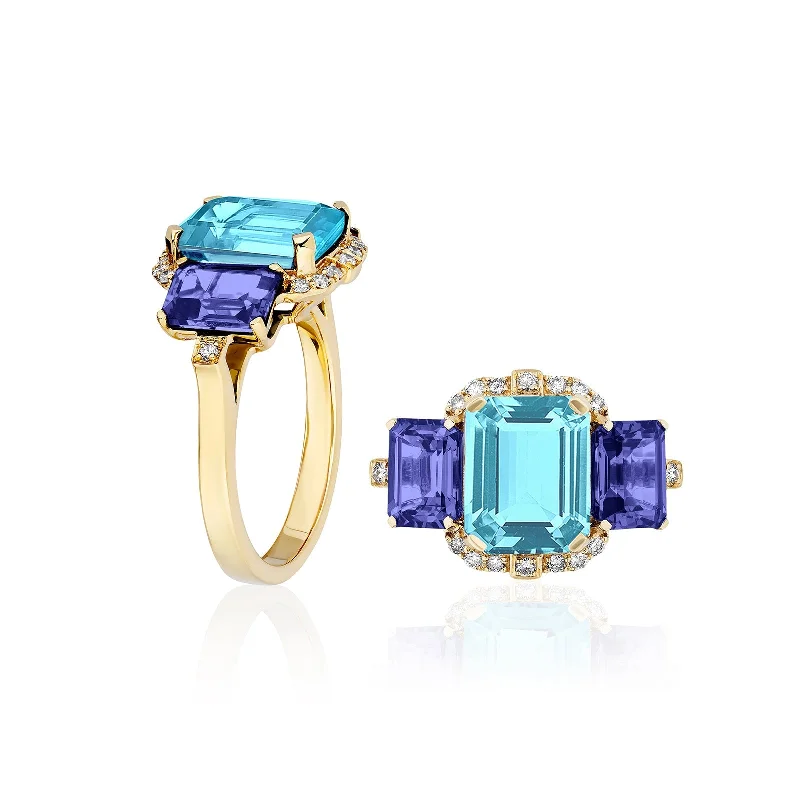 Elegant gold accent ring for women -3 Stone Blue Topaz and Tanzanite Emerald Cut Ring with Diamonds