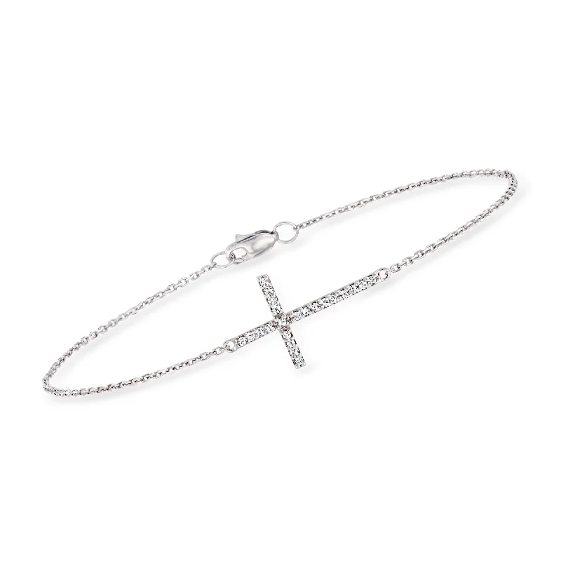 Ladies delicate ruby wrap bracelets -Ross-Simons 14kt White Gold Sideways Cross Bracelet With Diamonds