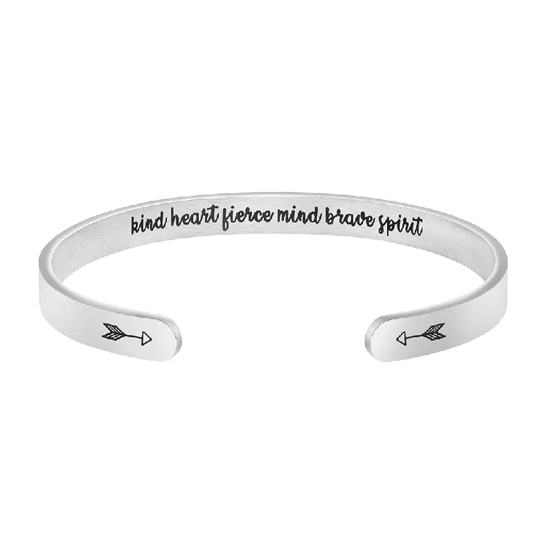 Simple silver link bracelets for ladies -Kind Heart Fierce Mind Brave Spirit Hidden Message Cuff Bracelet