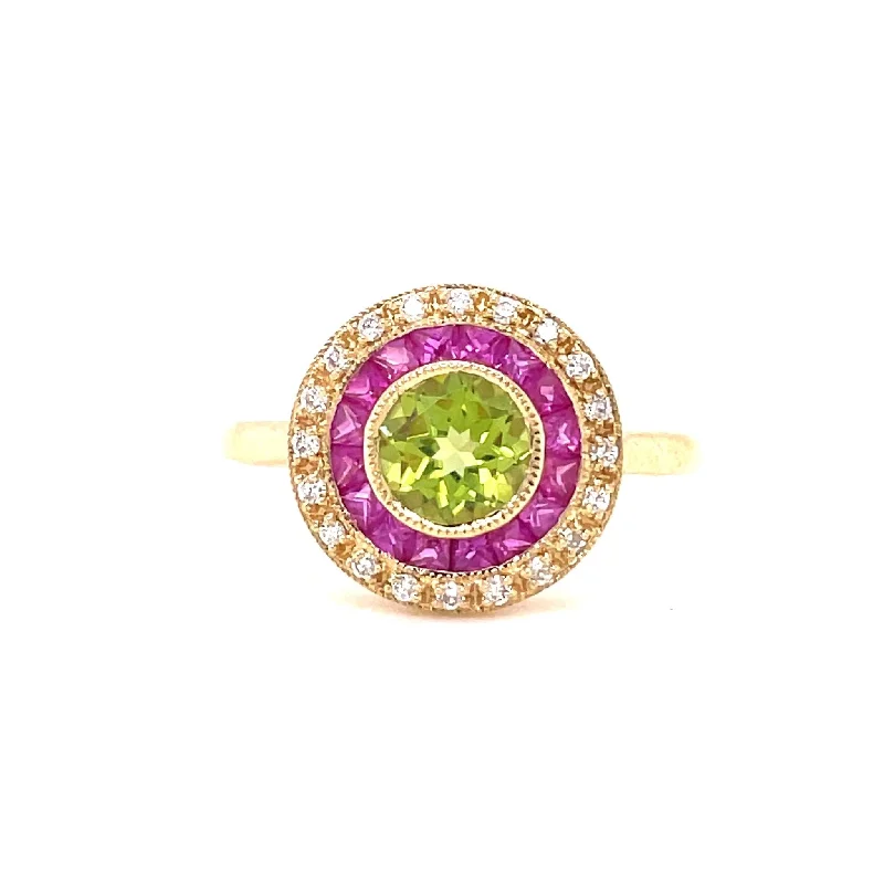 Ladies elegant amethyst band ring -18ct Yellow Gold Diamond, Peridot and Ruby Target Cluster Ring