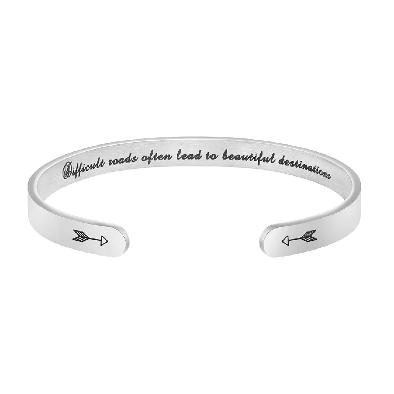 Ladies bold vine cuff bracelets -Difficult Roads Often Lead to Beautiful Destinations Hidden Message Cuff Bracelet