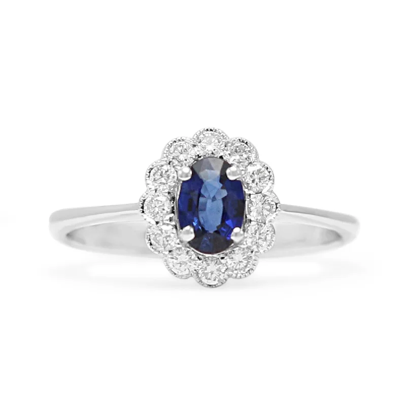 Ladies retro floral band ring -18ct White Gold Diamond & Sapphire Cluster Ring