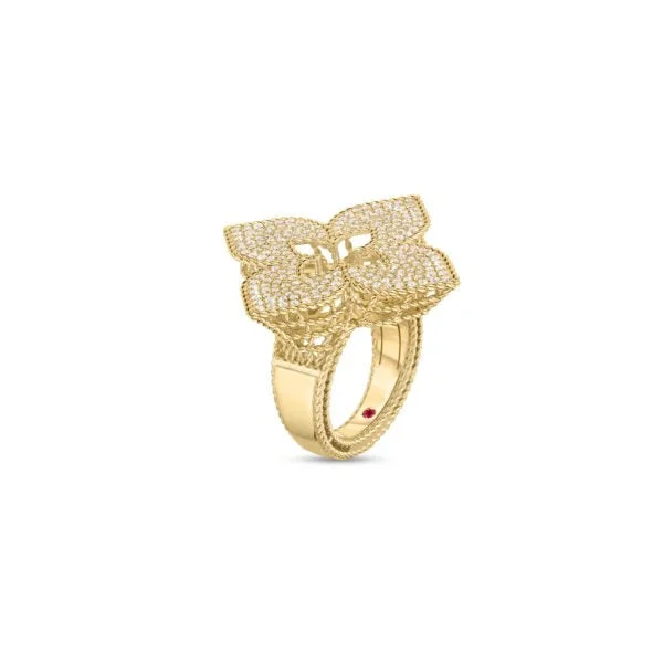 Ladies minimalist gold twist ring -18K Yellow Gold Venetian Princess Pave Diamond Large Flower Ring