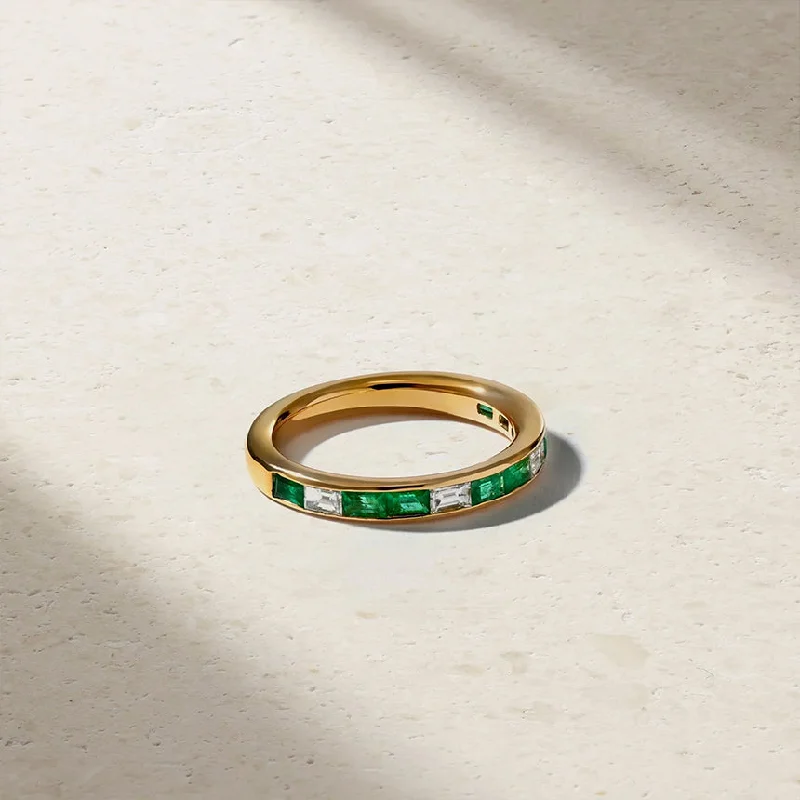 Modern geometric silver ring for women -Baguette Emerald and Diamond Thread Ring