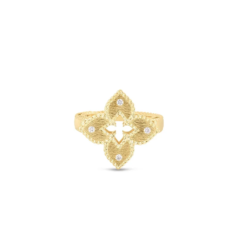 Vintage-inspired crystal ring for women -18K Yellow Gold Petite Venetian Princess Satin & Diamond Accent Flower Ring