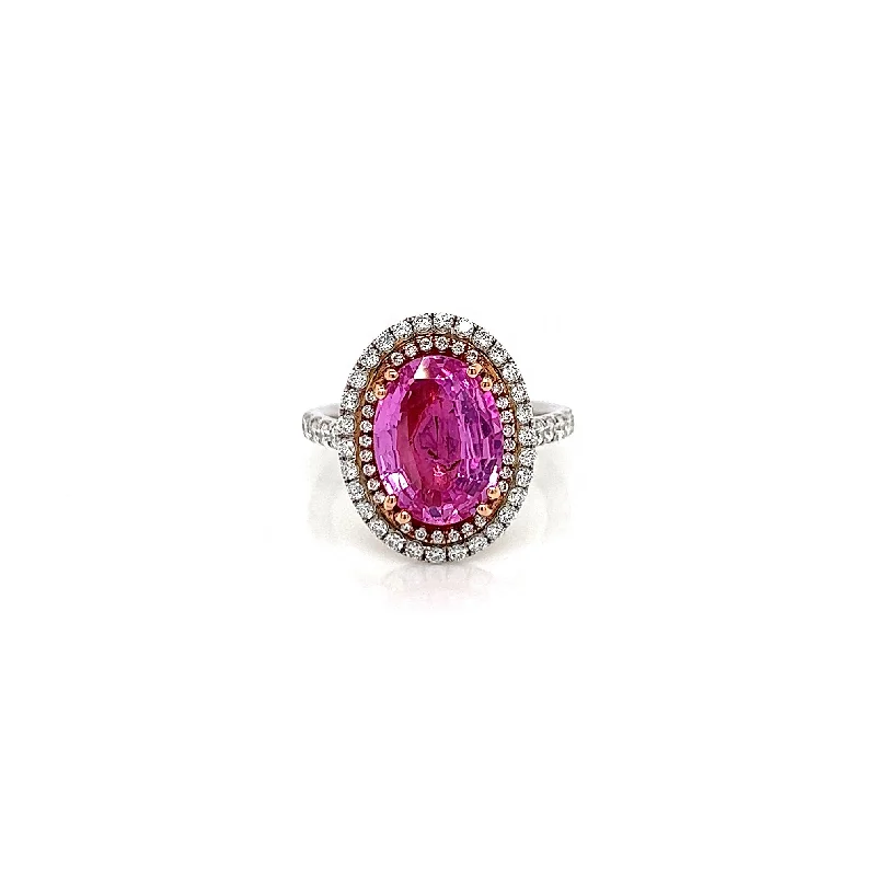 Ladies bold diamond accent ring -4.56 Total Carat Oval Pink Sapphire and Diamond Double Halo Pave-Set Ladies Ring. GIA Certified.