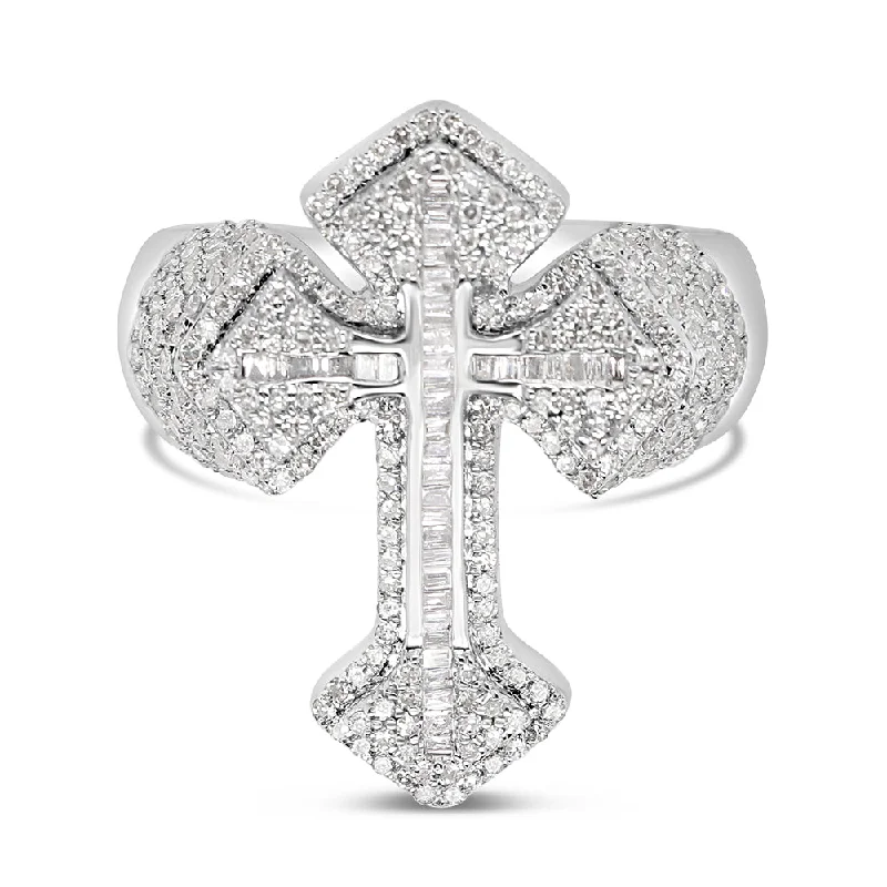 Ladies unique heart band ring -Mens Gold Round and Baguette Diamond Cross Ring | 10K | 1.48 CTW