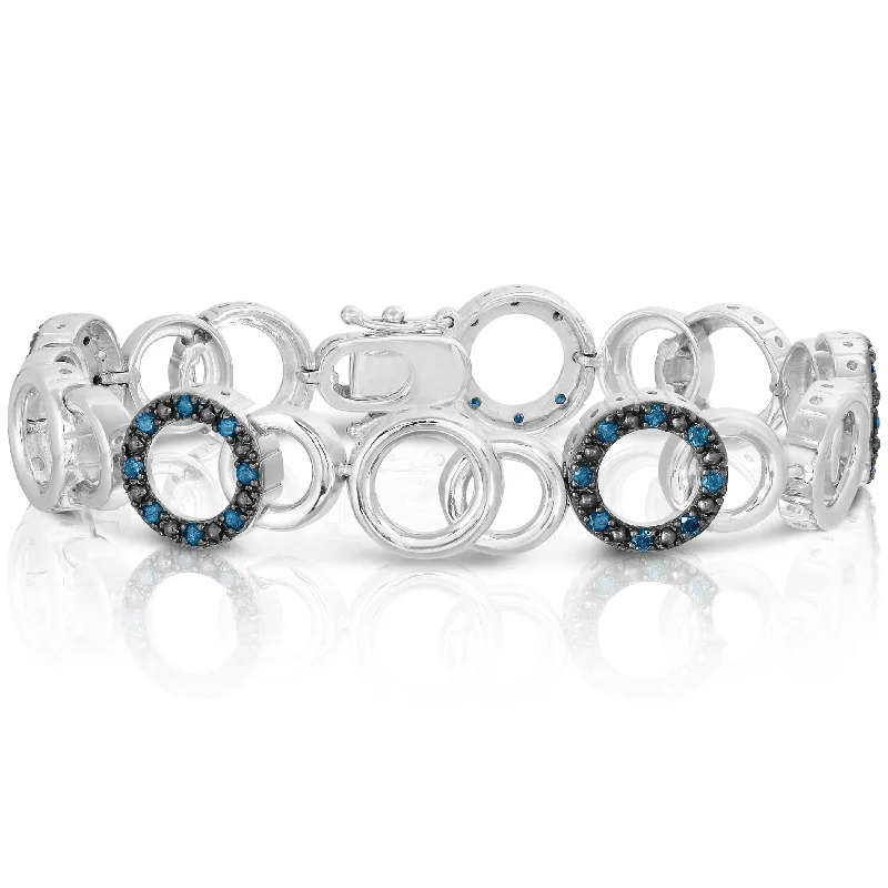 Ladies boho-inspired jade bracelets -1 cttw Blue Diamond Tennis Bracelet .925 Sterling Silver With Rhodium Circle